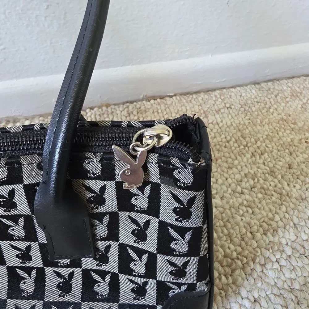 Vintage Y2k Playboy Monogram Shoulder Bag Black And Grey Checkerboard Print